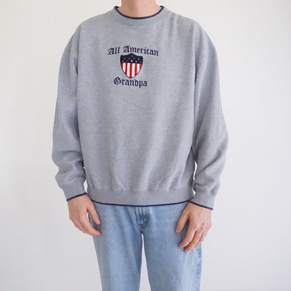 '90S M&C Sport Gray All American Grandpa Patriotic Cotton Crew Neck Sweater XL